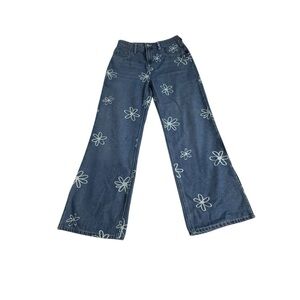 Justice Girls Wide Leg Flower SZ 18 Jeans Side Slit Y2K Floral Denim Daisy 70's